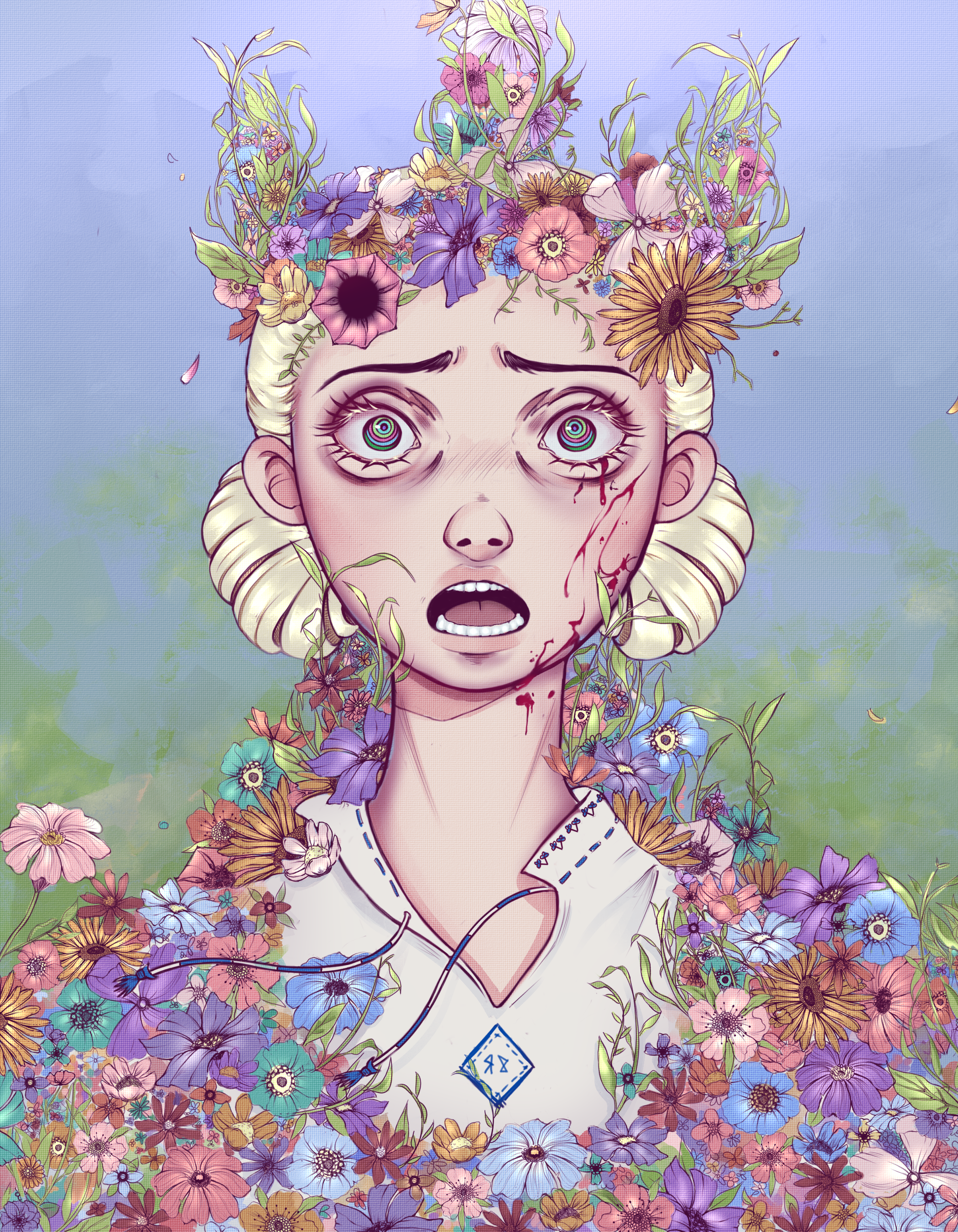 Digital art of a distressed woman covered in flowers