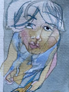 abstract watercolor image of a woman in blue