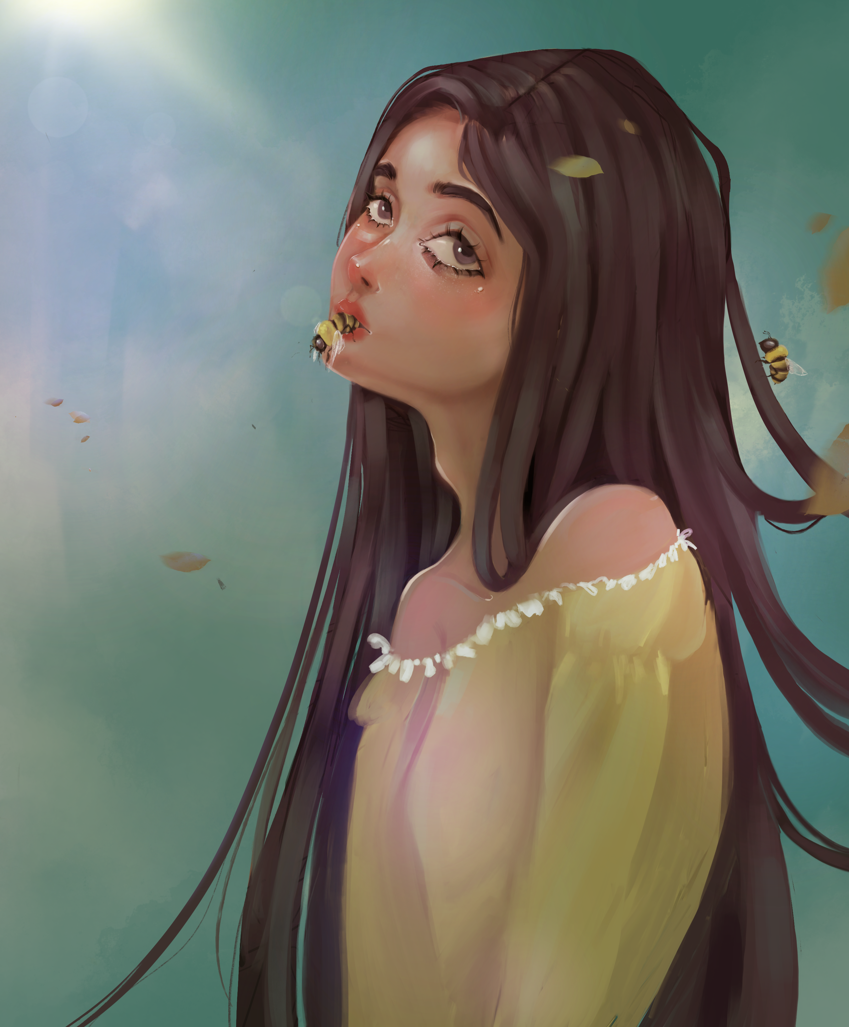 A digital drawing of a girl in yellow dress swallowing a bee