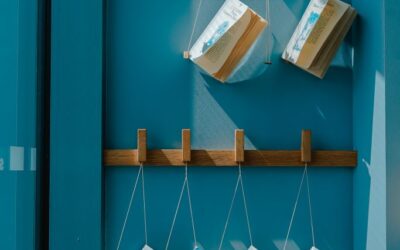 blue wall with hanging hooks, books on strings hang from the hooks