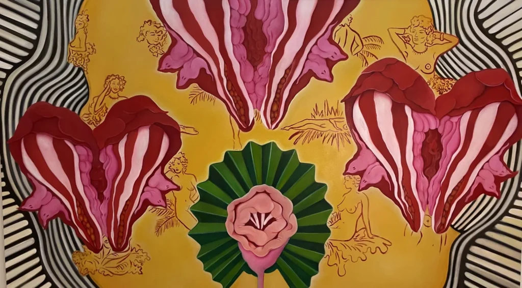 Three red-and-white striped, vulva-shaped flower forms radiate around a green fan-shaped bloom with an open, mouth-like pink center; faint nude female figures are sketched in the background.
