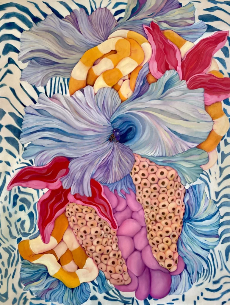 Abstract floral cluster with swirling lavender petals around a dark central opening, orange-and-white striped tongue-like forms, and coral-textured petals covered in small pore-like dots.
