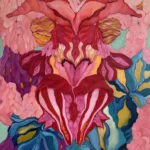 Abstract floral cluster with swirling lavender petals around a dark central opening, orange-and-white striped tongue-like forms, and coral-textured petals covered in small pore-like dots.