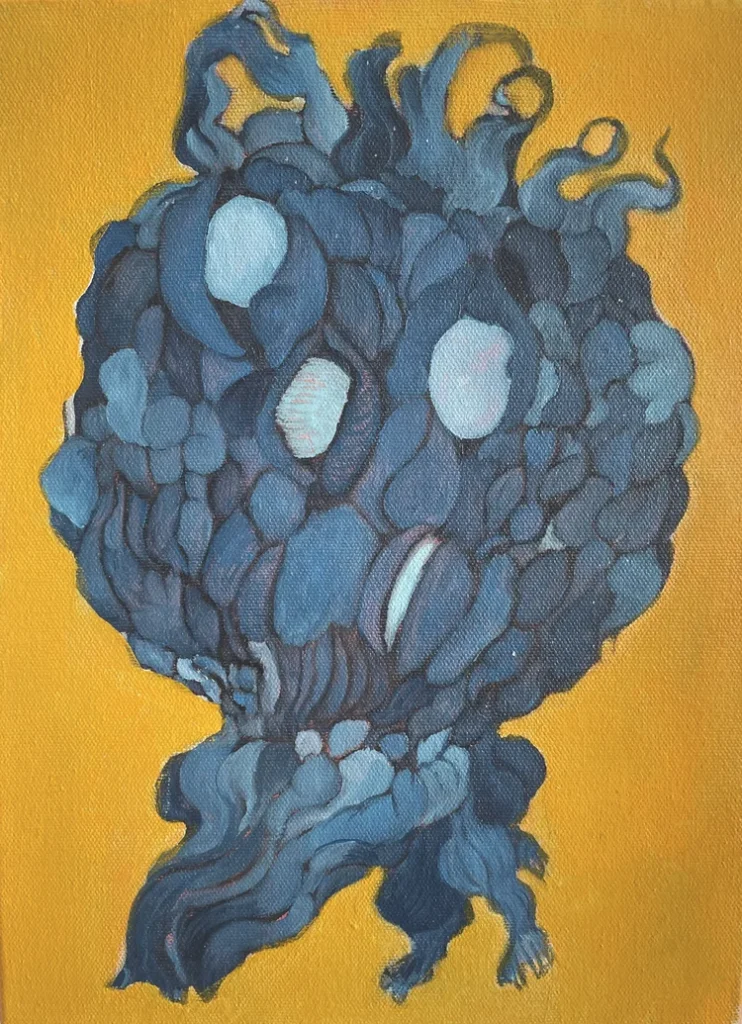 Abstract cluster of rounded blue-gray forms resembling teeth or scales, with pale eye-like ovals and tentacle-like tendrils, on a yellow ground.