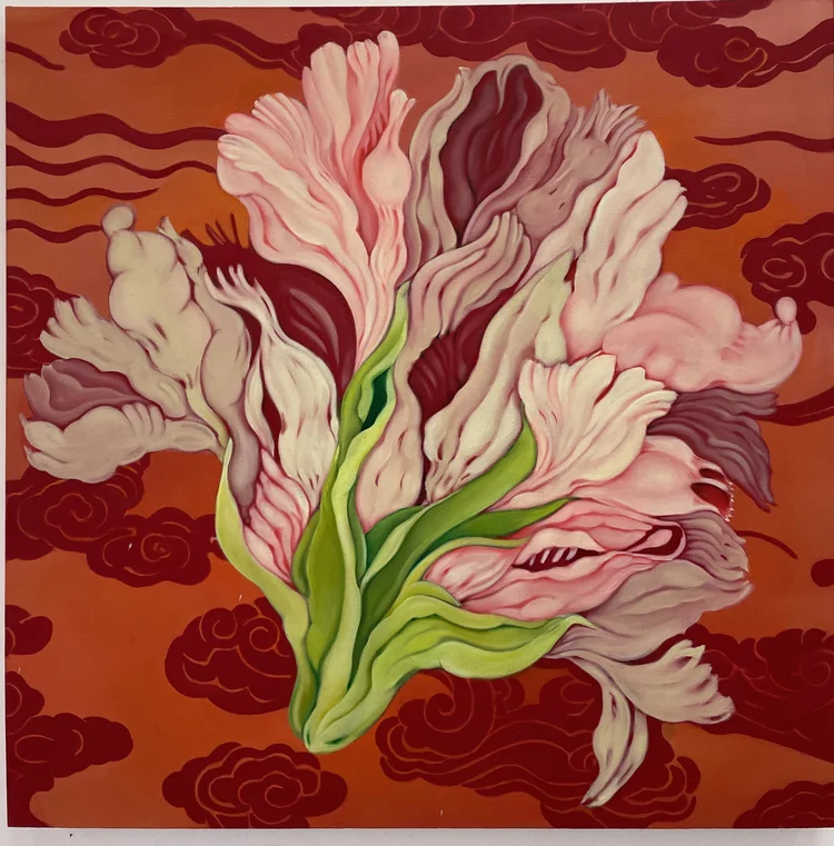 Pink and burgundy flame-shaped petals with folds resembling labia, and tongue-like green leaves at the base, against a red cloud-patterned background.