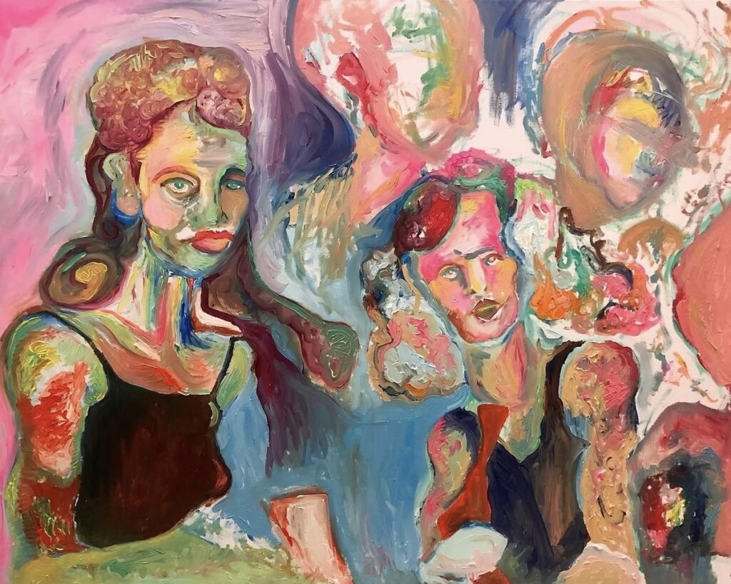 A triptych showing the stages of progression of one colorful Fauvist-style oil painting. There are four figures in varying detail, with the most prominent being a female figure on the left, another smaller female figure on the right, and two smaller and much less defined male figures behind them. Stage 2 fills the background with pinks, blues, and purples, while the two female figures are now defined with facial features and color.