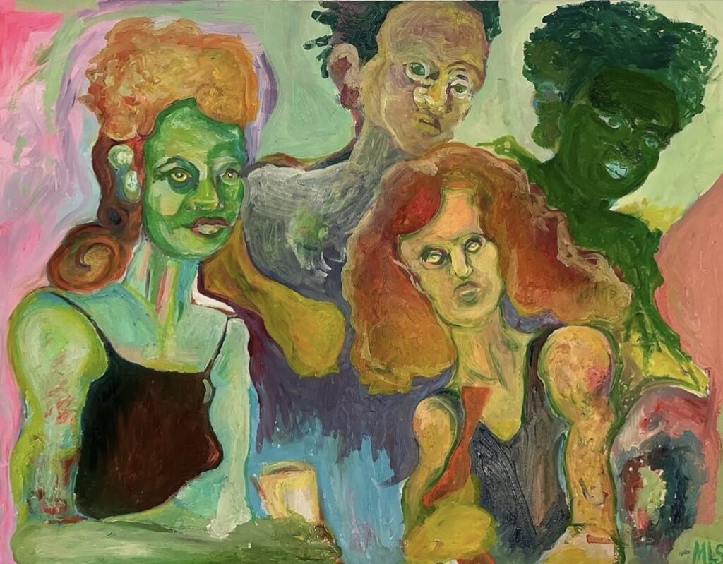 A triptych showing the stages of progression of one colorful Fauvist-style oil painting. There are four figures in varying detail, with the most prominent being a female figure on the left, another smaller female figure on the right, and two smaller and much less defined male figures behind them. The final stage, Stage 3, shows the final painting described at the beginning, in shades of green, pink, blue, yellow, orange, grey, black, and white.