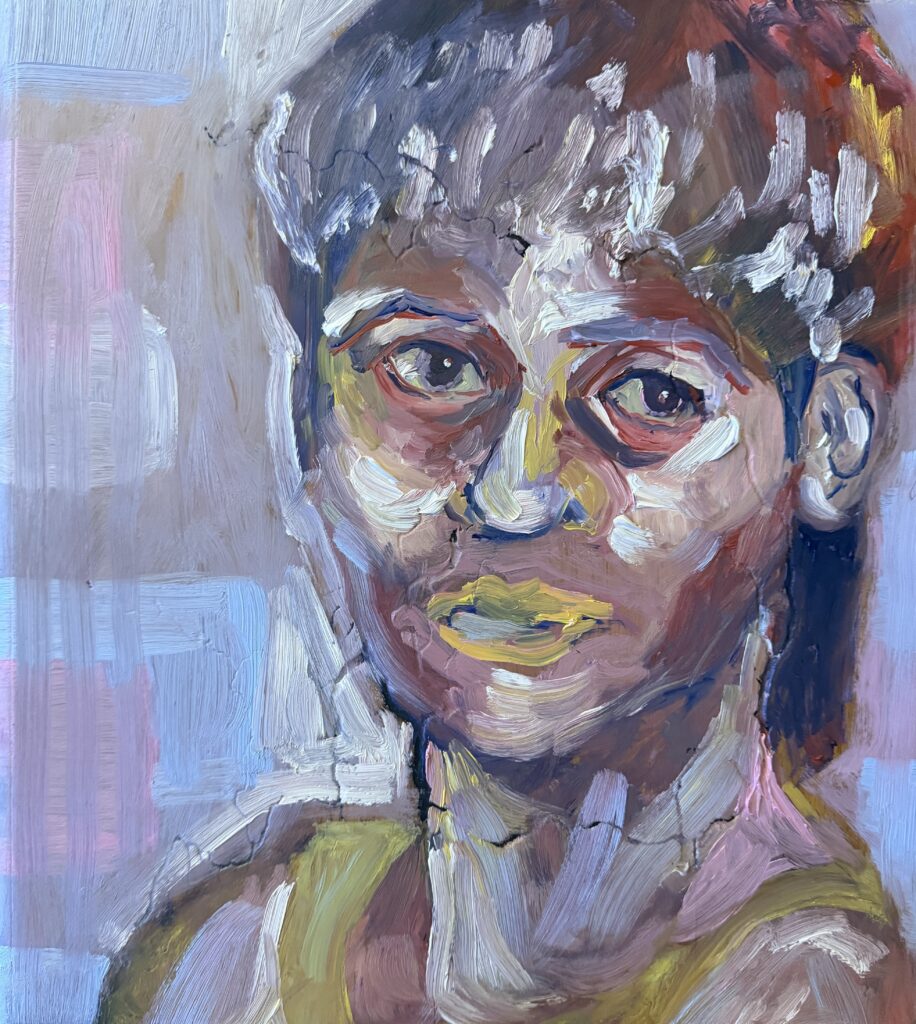 A Fauvist-style painting of a young figure on the right side of the piece. Their gaze is slightly unfixed, not directed at the viewer despite facing us. They are against an abstract background of blue, white, and pink. The portrait is completed in blue, white, pink, yellow, and red.