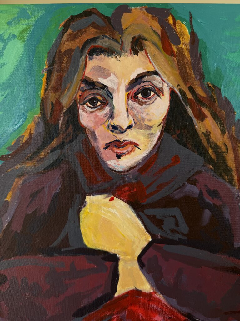 A Fauvist-style painting of a woman centered with red hair wearing a collared red coat, her hands clasping it closed. She is against a green background. The portrait is completed in shades of green, red, yellow, white, brown, and black.