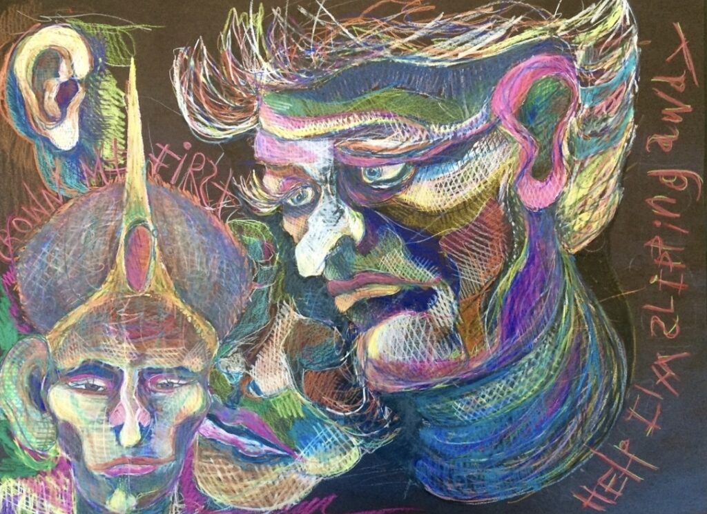 An abstract, colourful illustration of a large male disembodied head on the right and a smaller, genderless disembodied head on the left. Both look forlorn, their gazes are downturned. On the margins of the piece are large, scribbled phrases, with one on the right side saying, 