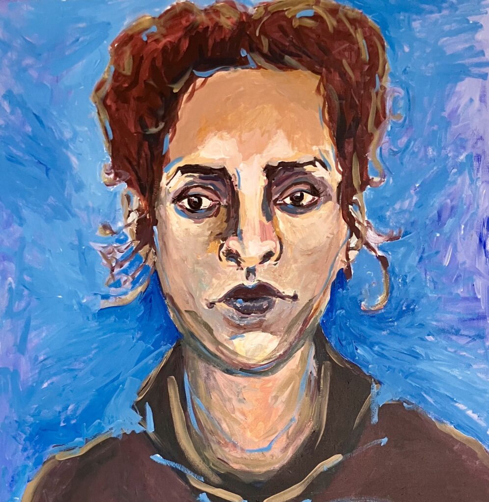 A Fauvist-style painting of a figure centered with dark hair drawn up and in a dark collared sweater. They are sitting against a blue background. The portrait is completed in shades of blue, yellow, orange, red, black, brown, and white.
