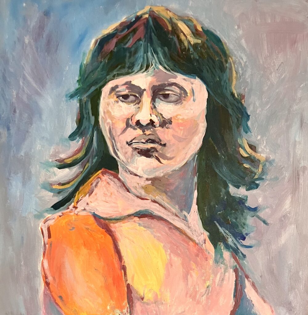 A Fauvist-style painting of a young girl centered with dark shoulder-length hair and bangs looking to her right, disgruntled. The portrait is completed in shades of blue, pink, yellow, and orange.