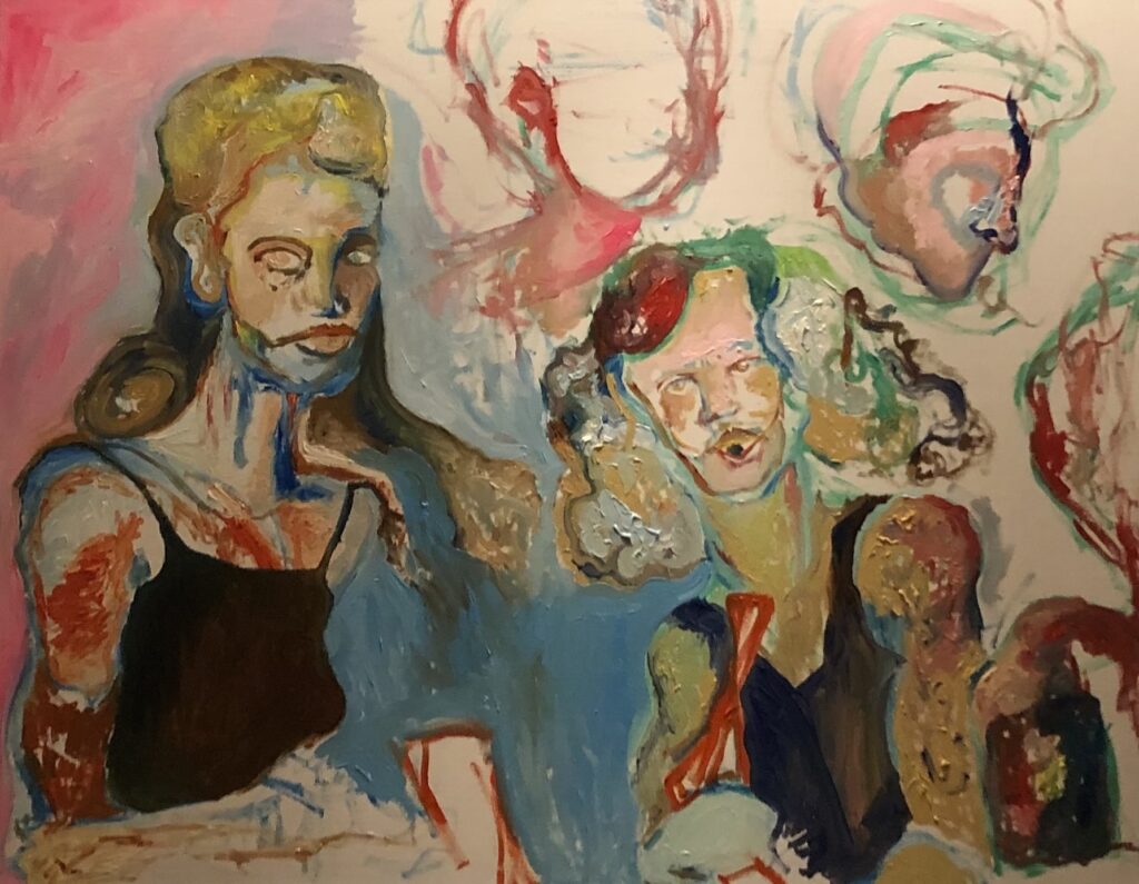 A triptych showing the stages of progression of one colorful Fauvist-style oil painting. There are four figures in varying detail, with the most prominent being a female figure on the left, another smaller female figure on the right, and two smaller and much less defined male figures behind them. Stage 1 shows the work in preliminary linework of red, blue, and green and with a blank background.