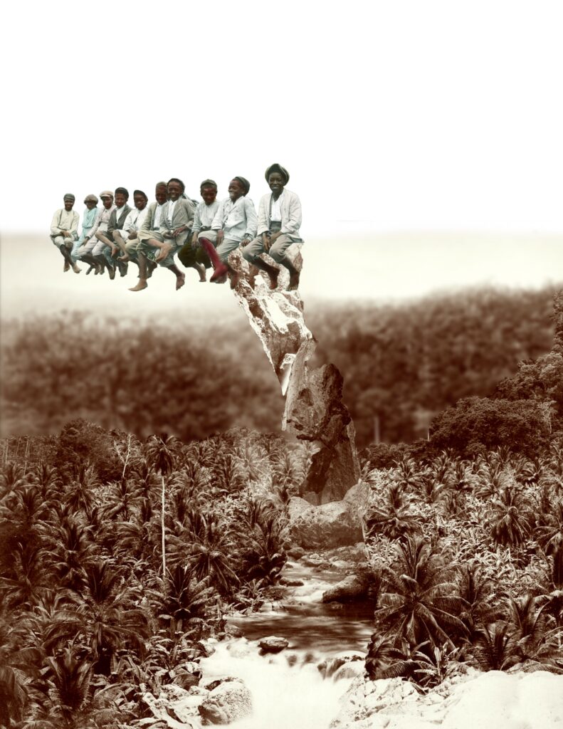 Digital collage lush landscape layered together with tree and sitting peasants