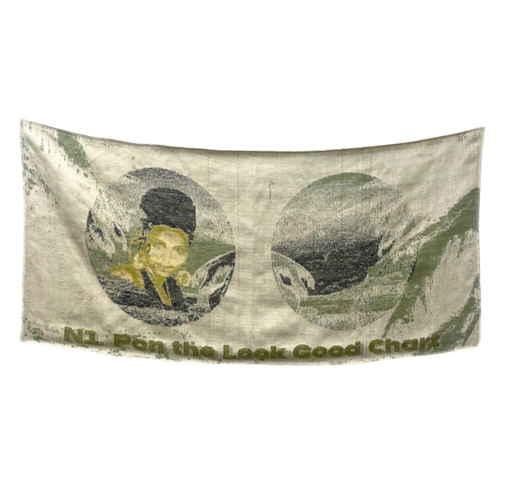 Woven jacquard loom fabric of women inside a circle beside a circle with a landscape