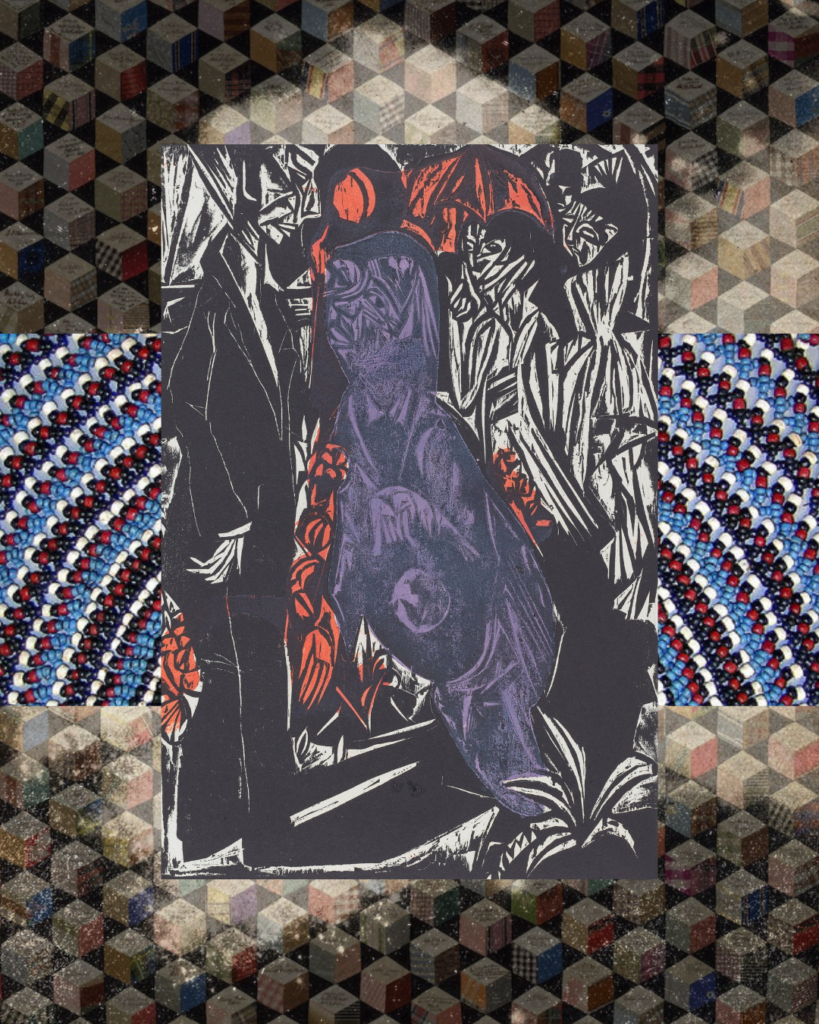 A four-layered mixed-media collage piece, with a purple figure silhouette at the center.