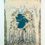An abstract relief carving in wood with organic textures, symbolic motifs, and a central open form. The piece emphasizes contrast, movement, and the beauty of hand-carved marks.