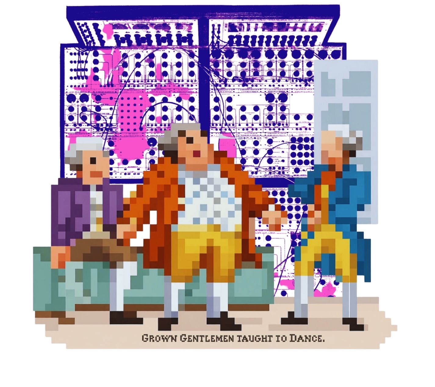 Layered digital collage of three pixelated figures standing in front of a Buchla machine.