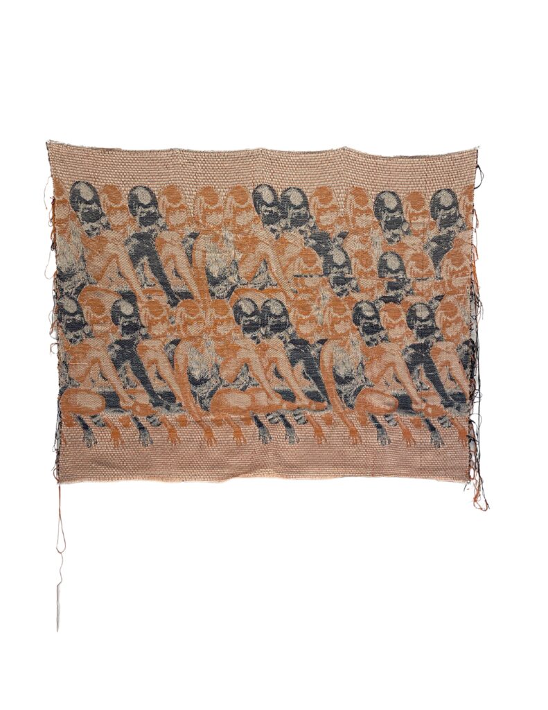 Woven Jacquard loom fabrics in orange and black with a repeating pattern of women posing.