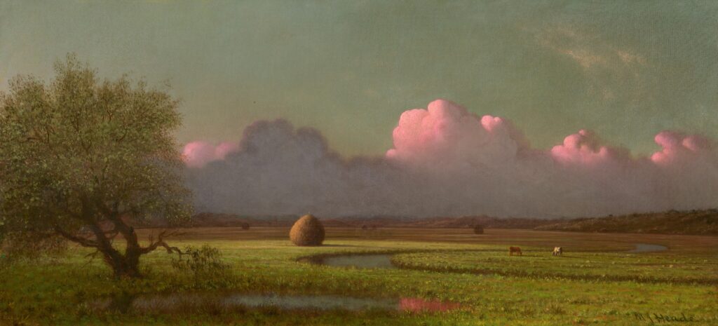 Landscape painting of a vast plain with a lone tree, some haystacks, a few animals, and fluffy pink and purple clouds close to the horizon.