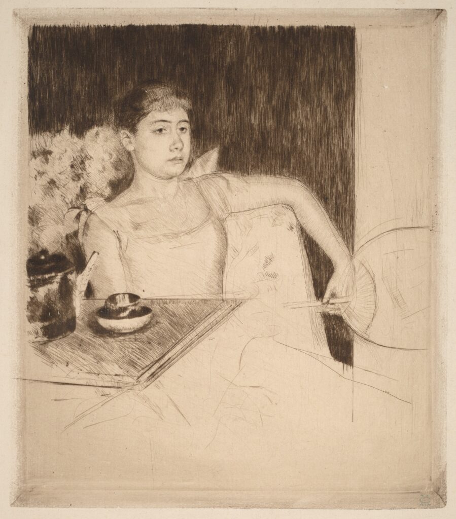 Unfinished sketch of a woman staring into the distance while sitting at a table with a cup, saucer, and pitcher.