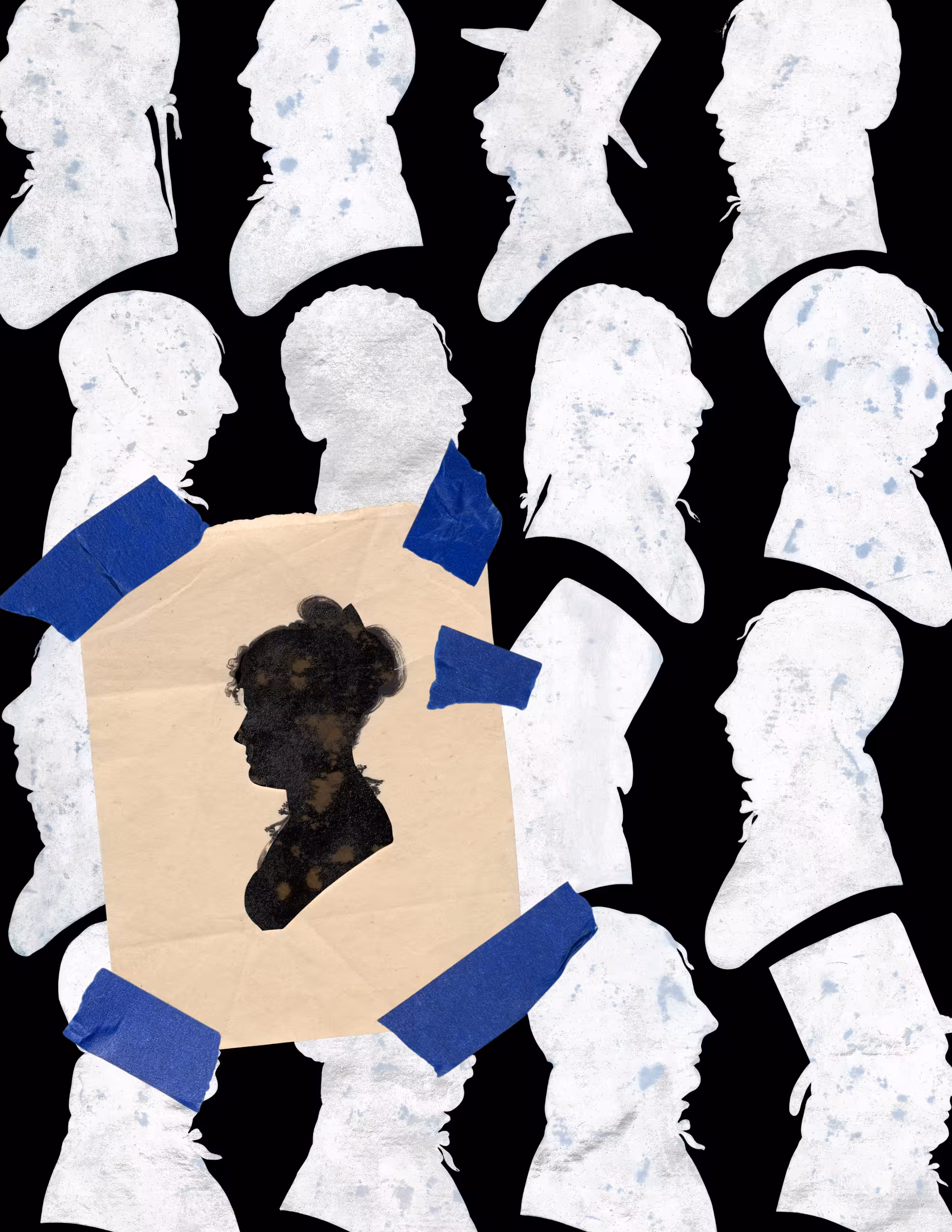 A digital collage of rows of white ink silhouettes of male profiles on a dark background. A black ink silhouette of a feminine profile on beige paper is taped sloppily on top of one row.